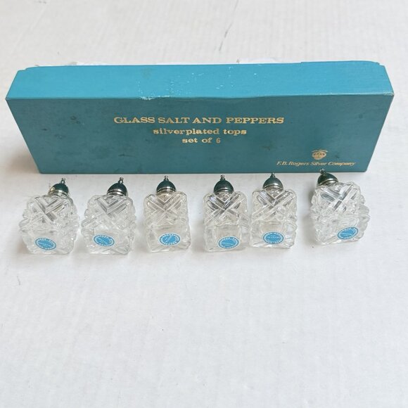 FB Rogers Crystal Glass 3 Salt 3 Pepper Shakers Serveware Silver Plate Set Vtg - Picture 5 of 8